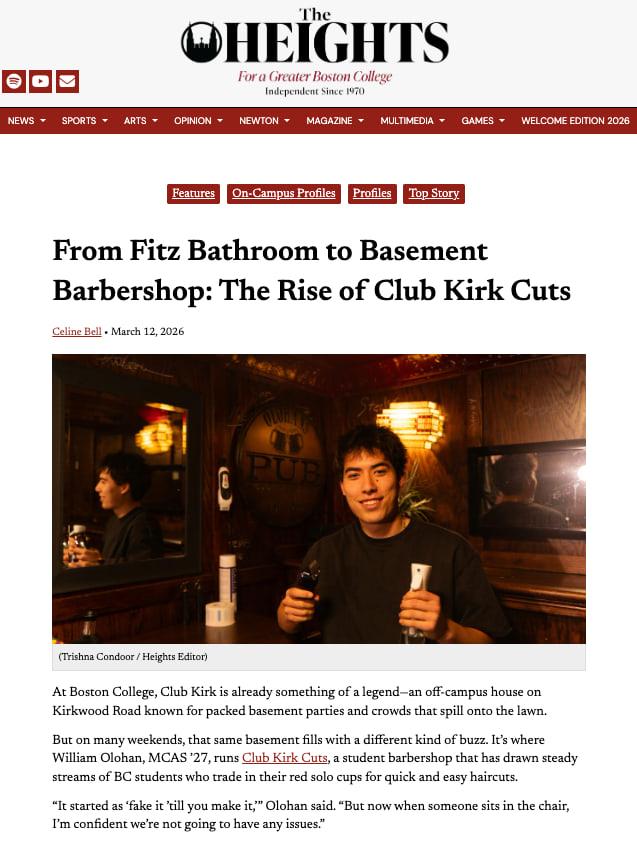 The Heights article “From Fitz Bathroom to Basement Barbershop: The Rise of Club Kirk Cuts” by Celine Bell, March 12, 2026, with a photo of William Olohan holding clippers in the shop.