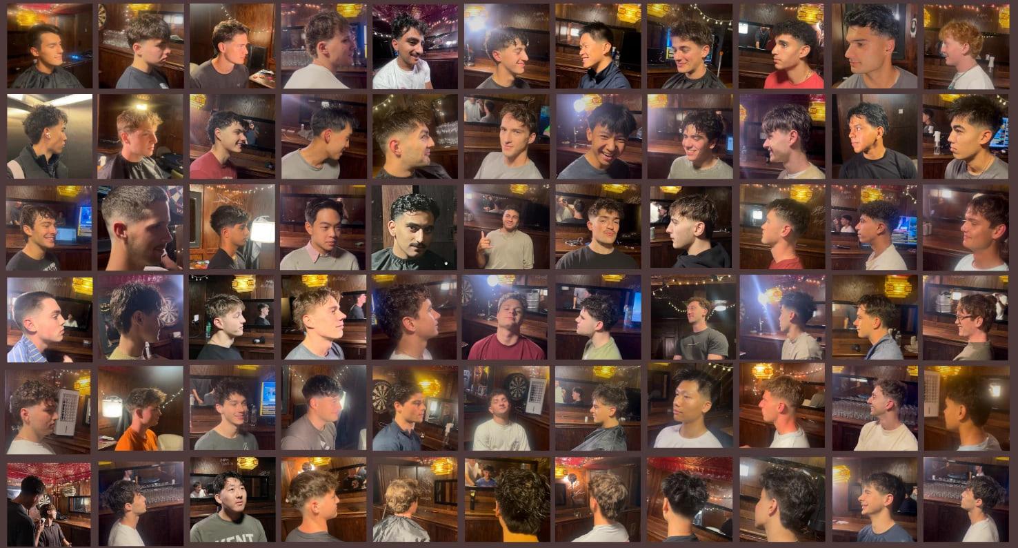 A grid of dozens of fresh haircuts on clients, shot in the warm lamp light of the shop.